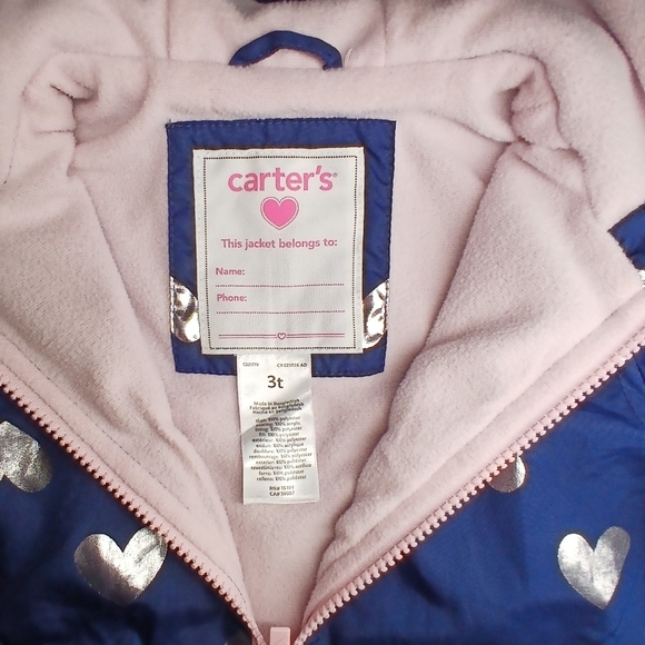 Carter’s Fleece-Lined Heart Rain Jacket – 3T - Picture 3 of 7
